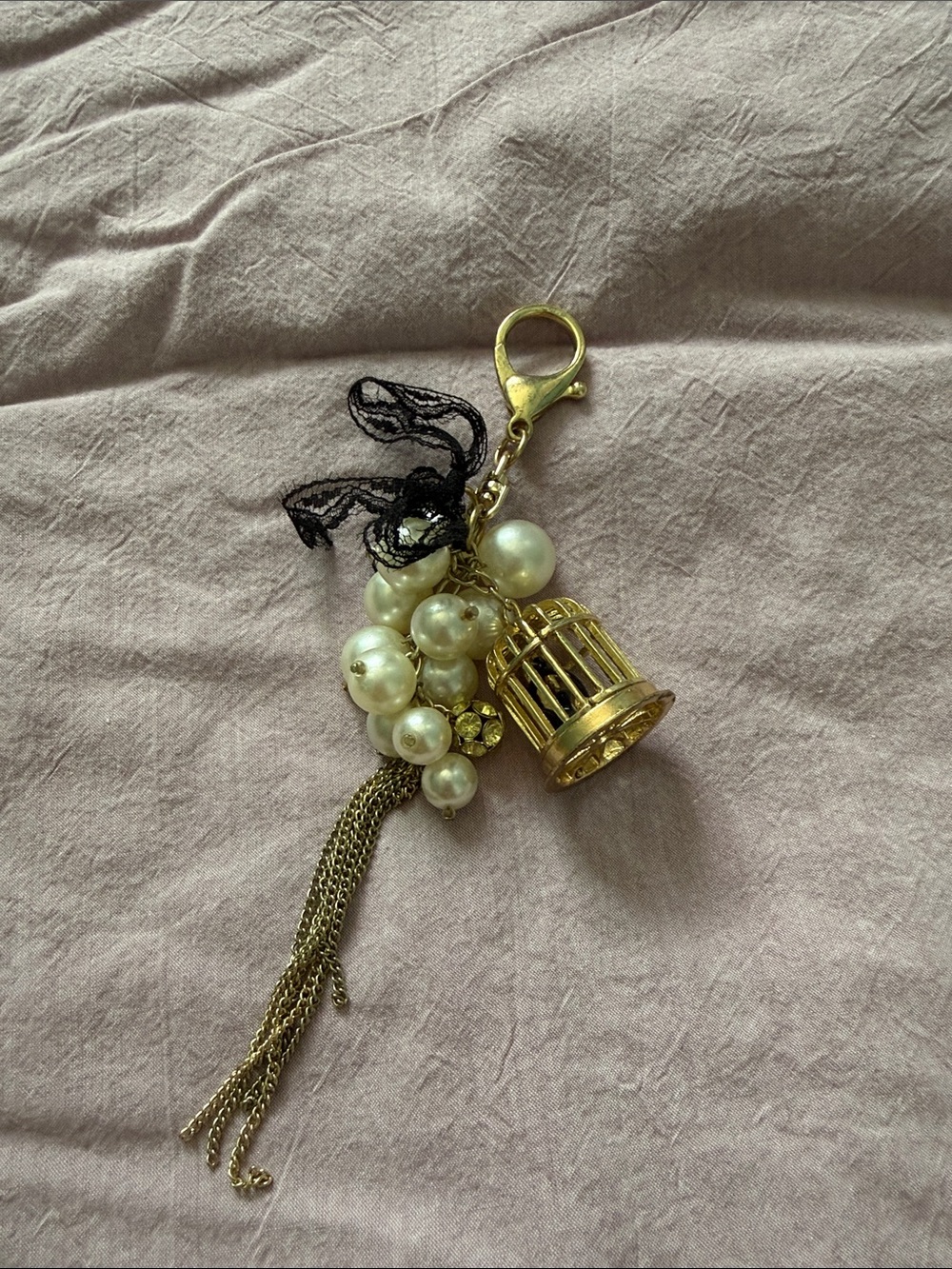 Gold Birdcage Charm Keychain with Pearl Cluster